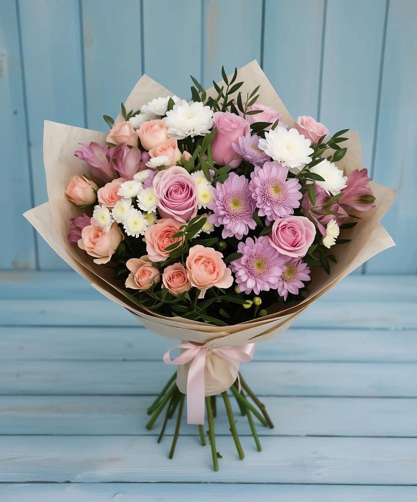Букет цветов из: Хризантемы, Розы и Альстромерии в Баклановской Ростовской области
