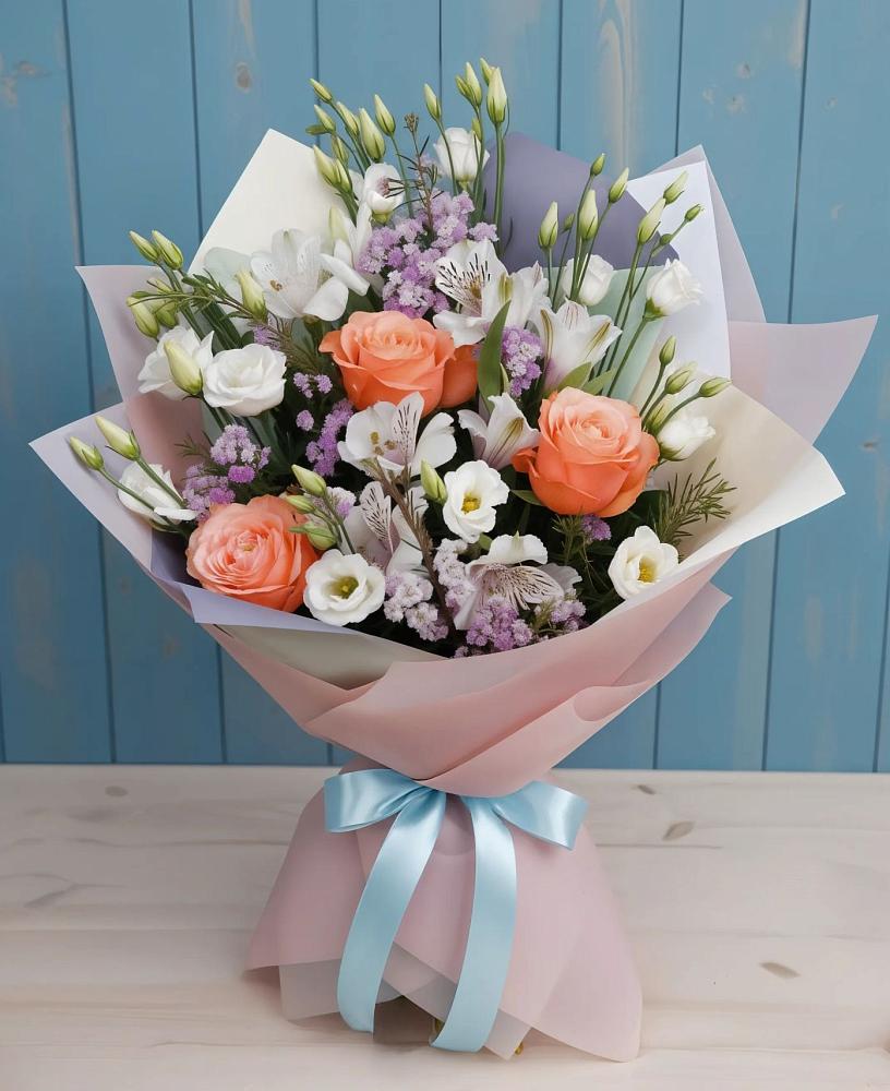 Букет цветов из: Лизиантусы, Розы, Альстромерии и Гипсофила в Баклановской Ростовской области