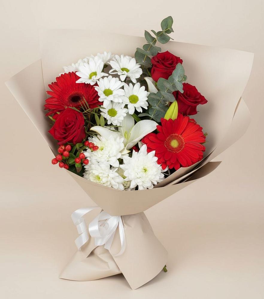 Букет цветов из: Розы, Хризантемы, Герберы и Лилии в Баклановской Ростовской области
