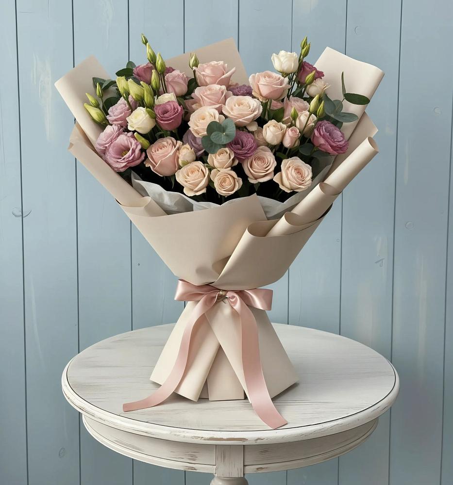 Букет цветов из: Розы и Лизиантусы в Баклановской Ростовской области