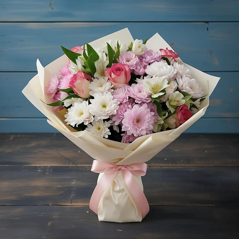 Букет цветов из: Хризантемы, Альстромерии и Розы в Баклановской Ростовской области